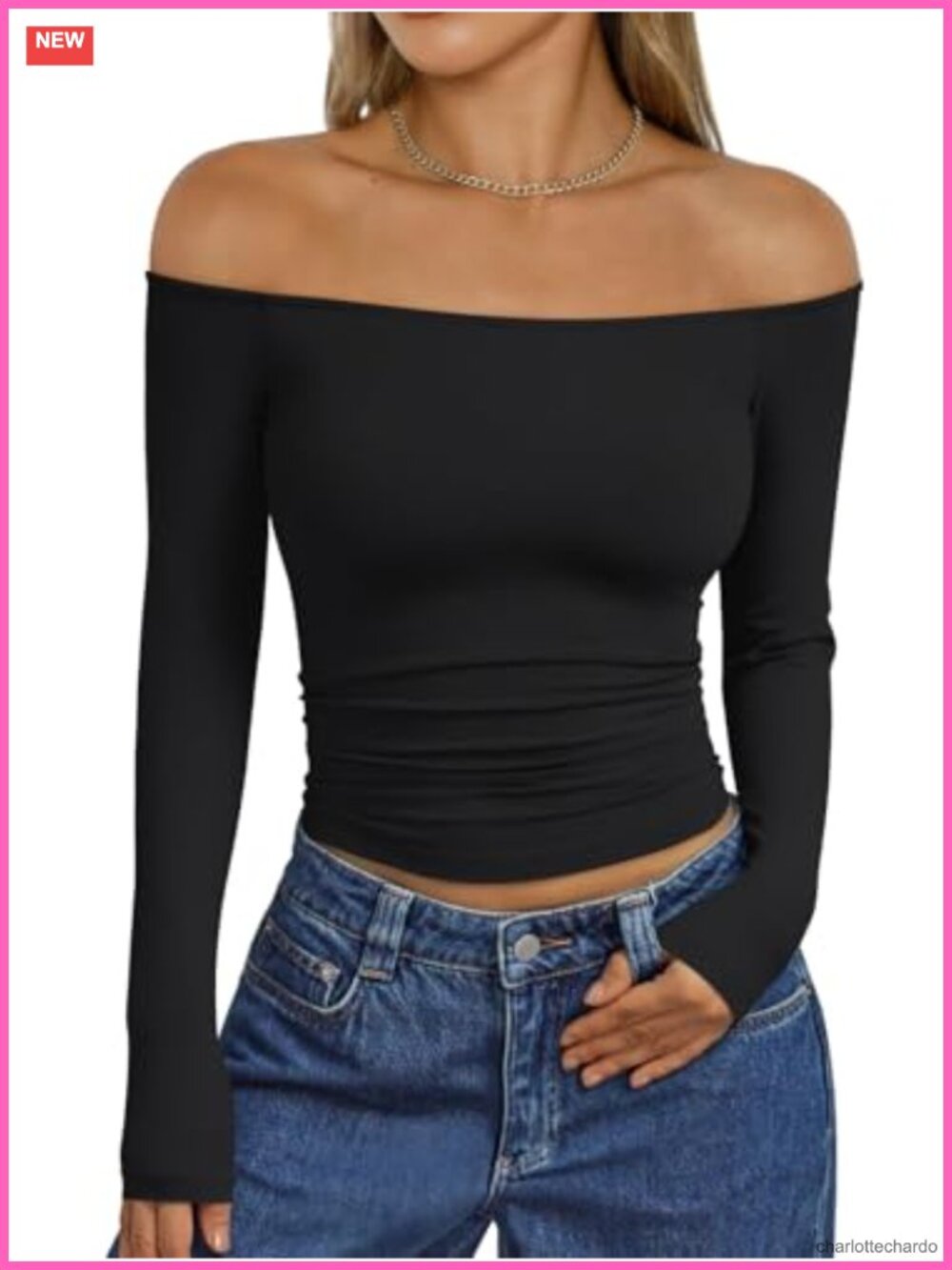 Off Shoulder Long Sleeve Slim Fit T-Shirt Buttery Soft Stretchy Women's Going